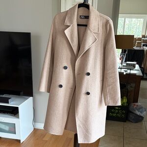 Zara Women's Cream Double-Breasted Trench Coat Wool blend